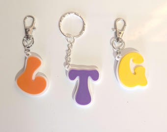 Retro double Letter white back Initial keychain school bag tag, 3D printed, personalised gift. Authorised seller Australia, PLA biodegrades.