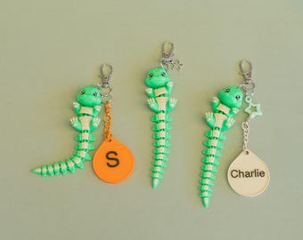 Crocodile, clip-on keychain school bag tag, 3D printed, personalised gift. Authorised Fluffy Tails seller Australia, PLA biodegrades.