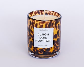 Custom Text choose your text on label Candle Gift: Amber Jar, Leopard Print Box