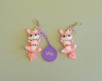 Bunny, clip-on keychain school bag tag, 3D printed, personalised gift. Authorised Fluffy Tails seller Australia, PLA biodegrades.