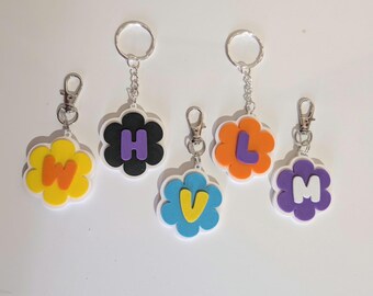Double Flower Letter Initial keychain school bag tag, 3D printed, personalised gift. Authorised seller, PLA biodegrades.