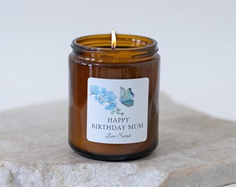Happy Birthday Mum Love (personalised), Blue Butterfly design, Custom Gift for Mum Candle: Soy Wax Australia