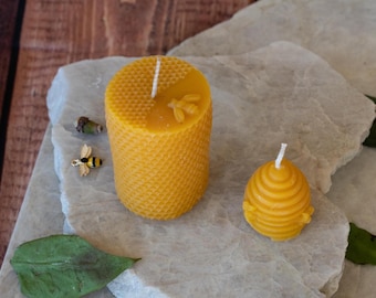 Small Beeswax honeycomb pattern pillar candle with bee  | 130g 28 hour burn | Air purifying| Longer lasting beeswax South Australia.