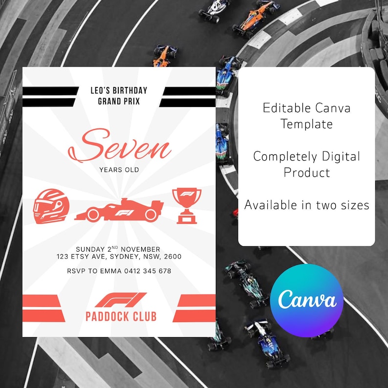 Editable Formula One Party Invitation Canva Template, F1, Paddock Club ...