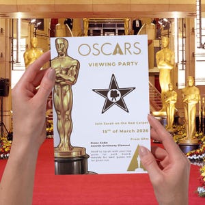 Puede incluir: Una tarjeta de invitación blanca para una fiesta de visionado de los Oscar, el 15 de marzo de 2026. La tarjeta presenta la palabra "OSCARS", una estrella y el texto "Join Sarah on the Red Carpet". El código de vestimenta es "Awards Ceremony Glamour".