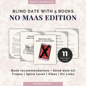 Könnte beinhalten: Digitaler Download für ein Blind-Date-Kit mit 5 Büchern, 'No Maas Edition'. Das Design umfasst druckbare Seiten mit Buchempfehlungen, Tropen, Schärfegrad, Vibes und KU-Links. Das Bild hat einen floralen Hintergrund.