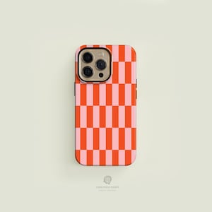 Coque iPhone MagSafe Tough orange et rose à carreaux | Coque pour iPhone 16 15 14 13 Pro Max, Coque pour iPhone 16 15 14 Plus, iPhone 13 Mini