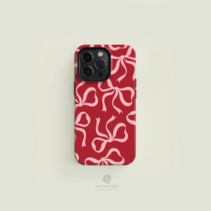 Custodia per telefono resistente con fiocchi rosa su rosso / Custodia per iPhone 16 15 14 13 12 11 Pro Max, Custodia per iPhone 16 15 14 Plus, Custodia per iPhone 13 12 Mini, Custodie per iPhone