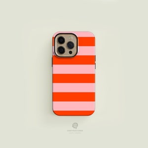 Coque pour iPhone résistante MagSafe rayée orange et rose | Coque pour iPhone 16 15 14 13 Pro Max, Coque pour iPhone 16 15 14 Plus, iPhone 13 Mini