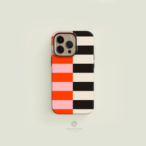 Rayé rose, orange, noir et crème MagSafe Tough pour iPhone | Coque pour iPhone 16 5 14 13 Pro Max, Coque pour iPhone 16 15 14 Plus, iPhone 13 Mini