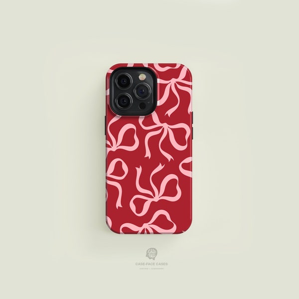 Nœuds roses sur coque de portable rouge | Coque iPhone 15 14 13 12 11, Pro Max, iPhone 15 14 Plus, iPhone 13 12 Mini, Housses iPhone