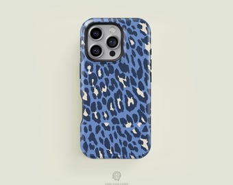 Cheetah Animal Print Navy & Light Blue iPhone 17 / 16 / 15 / 14 / 13 Pro Max Phone Case | MagSafe Tough Protection