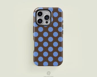 Classic Polka Dot Chocolate Brown & Light Blue iPhone 17 / 16 / 15 / 14 / 13 Pro Max Phone Case | MagSafe Tough Protection