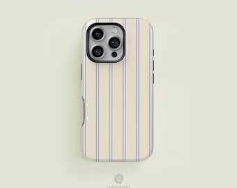 Double Line Striped Cream & Light Blue iPhone 17 / 16 / 15 / 14 / 13 Pro Max Phone Case | MagSafe Tough Protection