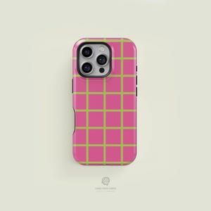 Tough iPhone Case - Simple Grid Hot Pink & Light Green Protective Case | iPhone 16 15 14 13 12 11 Pro Max Case, iPhone 16 15 14 Plus Case