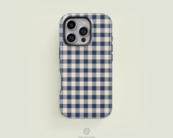 Mini Gingham Navy & Cream iPhone 17 / 16 / 15 / 14 / 13 Pro Max Phone Case | MagSafe Tough Protection