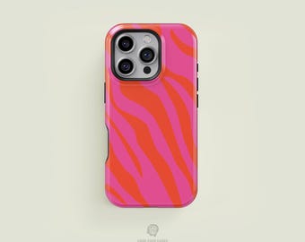 Zebra Animal Print Bright Orange & Hot Pink iPhone 17 / 16 / 15 / 14 / 13 Pro Max Phone Case | MagSafe Tough Protection