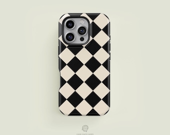 Diamond Checkered Black & Cream iPhone 18 / 17 / 16 / 15 / 14 / 13 Pro Max Phone Case | MagSafe Tough Protection