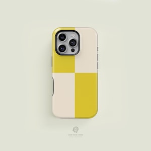 May include: A smartphone case with a two-tone design. The case features a checkerboard pattern with alternating squares of cream and yellow. The camera lenses are visible at the top, and the case has a glossy finish. The text "CASE FACE CASES" is at the bottom.