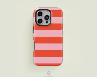 Bold Striped Bright Orange & Light Pink iPhone 17 / 16 / 15 / 14 / 13 Pro Max Phone Case | MagSafe Tough Protection