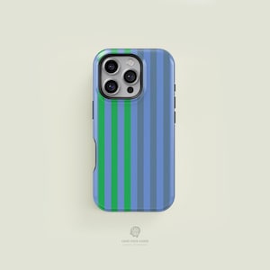 Funda resistente para iPhone con rayas verticales en azul claro y verde / Funda para iPhone 16, 15, 14, 13, 12 y 11 Pro Max, Funda para iPhone 16, 15 y 14 Plus