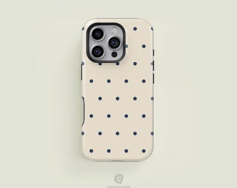 Mini Polka-dot Cream & Navy iPhone 17 / 16 / 15 / 14 / 13 Pro Max Phone Case | MagSafe Tough Protection