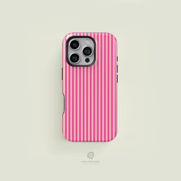 Classic Striped Light Pink & Hot Pink Tough iPhone Case | iPhone 16 15 14 13 12 11 Pro Max Case, iPhone 16 15 14 Plus Case, iPhone 13 Case
