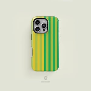 Verticaal gespleten gestreept groen en felgeel stoer iPhone-hoesje | iPhone 16 15 14 13 12 11 Pro Max-hoesje, iPhone 16 15 14 Plus-hoesje