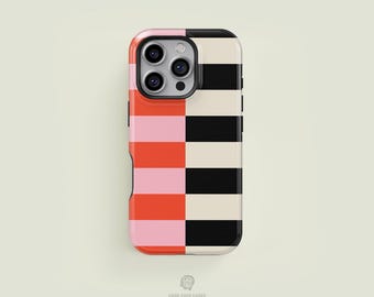 Vertical Split Striped Light Pink, Bright Orange, Black & Cream iPhone 17 / 16 / 15 / 14 / 13 Pro Max Phone Case | MagSafe Tough Protection