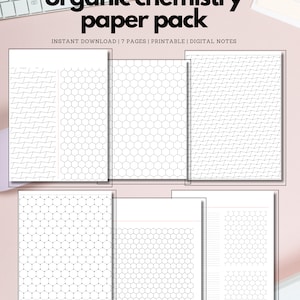 Può includere: Pacchetto di carta stampabile per la chimica organica con sette pagine di diversi schemi di griglia esagonale. Il pacchetto di carta è progettato per gli studenti per esercitarsi a disegnare molecole organiche.