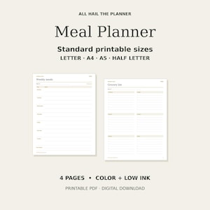 May include: A digital meal planner template featuring the text ALL HAIL THE PLANNER, Meal Planner, Standard printable sizes, LETTER, A4, A5, HALF LETTER, 4 PAGES, COLOR + LOW INK, PRINTABLE PDF, DIGITAL DOWNLOAD, with weekly meal and grocery list pages.