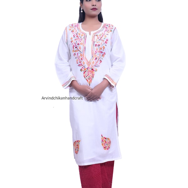 Chikankari White With Multi Colour Thread  Handmade Beautiful Kurti Lucknowi Chikan Pure Cotton