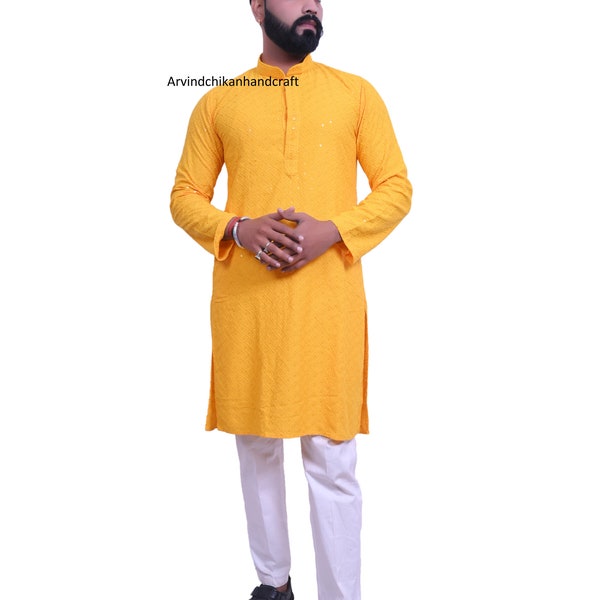 Yellow Chikankari Rayon Mens Party Wear Kurta With Payjama Good Quality Set For Premium Look And Design