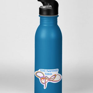May include: A blue reusable water bottle with a black lid and a sticker that says "ADHD Awareness Ribbon" with a rainbow ribbon design.