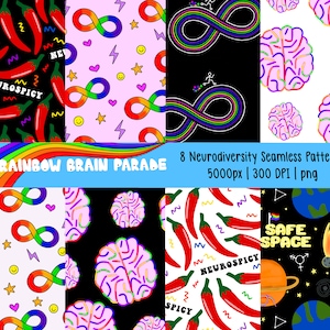 Puede incluir: Ocho patrones sin costuras que presentan ilustraciones coloridas de cerebros, chiles, s&iacute;mbolos de infinito y otros dise&ntilde;os. Los patrones est&aacute;n sobre un fondo blanco, negro o rosa. El texto "Rainbow Brain Parade" y "Neurodiversity Seamless Patterns" est&aacute; incluido en la imagen.