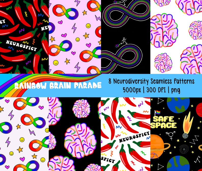 Puede incluir: Ocho patrones sin costuras que presentan ilustraciones coloridas de cerebros, chiles, s&iacute;mbolos de infinito y otros dise&ntilde;os. Los patrones est&aacute;n sobre un fondo blanco, negro o rosa. El texto "Rainbow Brain Parade" y "Neurodiversity Seamless Patterns" est&aacute; incluido en la imagen.