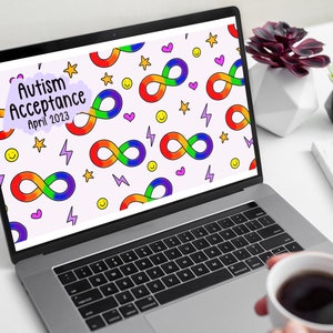Puede incluir: Un ordenador port&aacute;til con un fondo blanco y un patr&oacute;n colorido de s&iacute;mbolos de infinito, estrellas, rayos y caritas sonrientes. El texto "Autism Acceptance April 2023" se muestra en la pantalla.