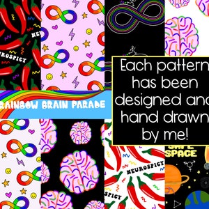 Puede incluir: Un collage digital de 10 patrones sin costuras diferentes. Los patrones presentan ilustraciones coloridas de chiles, cerebros, s&iacute;mbolos de infinito y elementos con tem&aacute;tica espacial. El texto "RAINBOW BRAIN PARADE" y "Each pattern has been designed and hand drawn by me!" est&aacute;n incluidos en la imagen.
