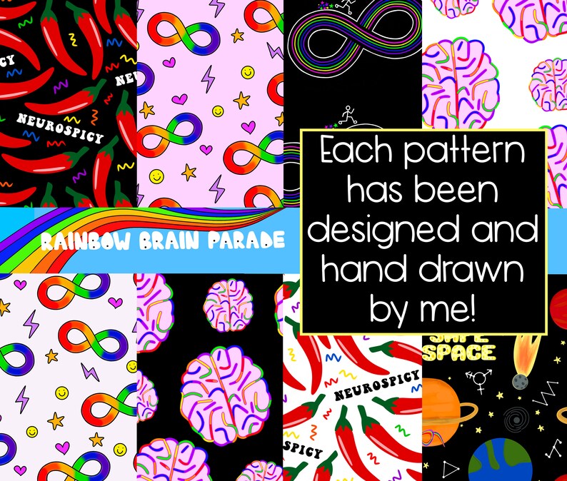 Puede incluir: Un collage digital de 10 patrones sin costuras diferentes. Los patrones presentan ilustraciones coloridas de chiles, cerebros, s&iacute;mbolos de infinito y elementos con tem&aacute;tica espacial. El texto "RAINBOW BRAIN PARADE" y "Each pattern has been designed and hand drawn by me!" est&aacute;n incluidos en la imagen.