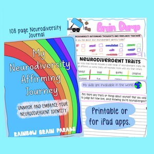 Neurodiversity Affirmation journal, Brain dump, Neurodivergent planner, self reflection therapy journal, Autism planner, ADHD workbook