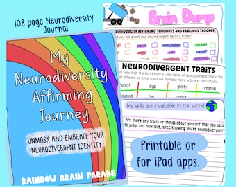 May include: A printable journal with a rainbow cover and the text "My Neurodiversity Affirming Journey" and "Unmask and Embrace Your Neurodivergent Identity". The journal is designed to help people embrace their neurodiversity. The journal is also available as an iPad app.