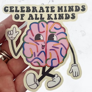 Celebra le menti di tutti i tipi di adesivi cerebrali, Il mondo ha bisogno di tutti i tipi di menti, Neurodiversità, adesivi ADHD, adesivi per la salute mentale retrò