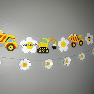 construction birthday garland with daisies  - personalized construction birthday garland with daisies - girl construction birthday