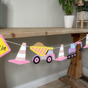 pink construction birthday party - personalized construction birthday garland - pink construction party garland - girl construction party