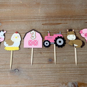 pink farm birthday cupcake toppers - farm animal cupcake toppers - girl farm birthday party - pink tractor birthday - farm party decor