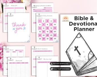 May include: A printable Bible and Devotional Planner with a pink and white color scheme. The planner includes sections for daily scripture study, prayer, and gratitude. The cover features a drawing of a closed Bible with a cross on the front.