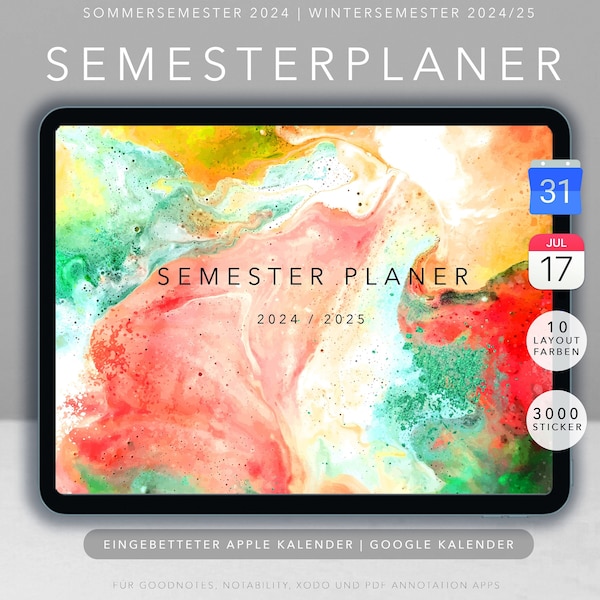 Digitaler Semesterplaner 2024/ 2025 · Studentenplaner iPad, GOODNOTES · Studienplaner digital, +3000 Sticker in Deutsch / German