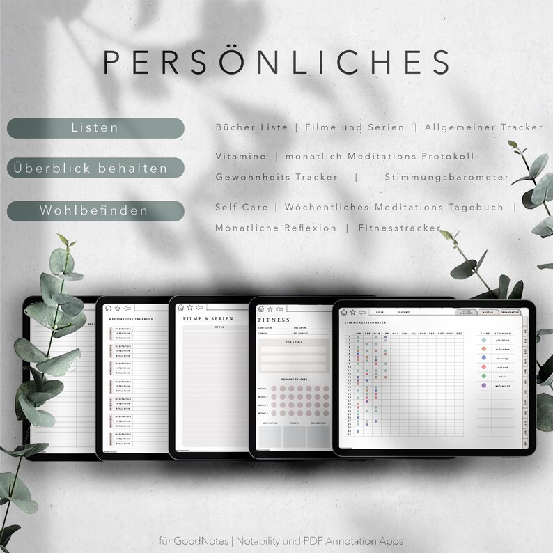 Op de afbeelding: Vier digitale plannerpagina's voor GoodNotes, Notability en PDF Annotation Apps. De pagina's zijn getiteld "Meditatie Tracker", "Films & Series", "Fitness" en "Algemene Tracker".