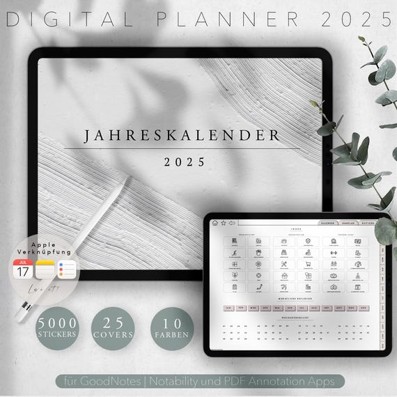 Digitaler Planer 2025 Deutsch / GOODNOTES Kalender / iPad Planner / Journal digital  / +3000 digitale Sticker / Apple Verknüpfung
