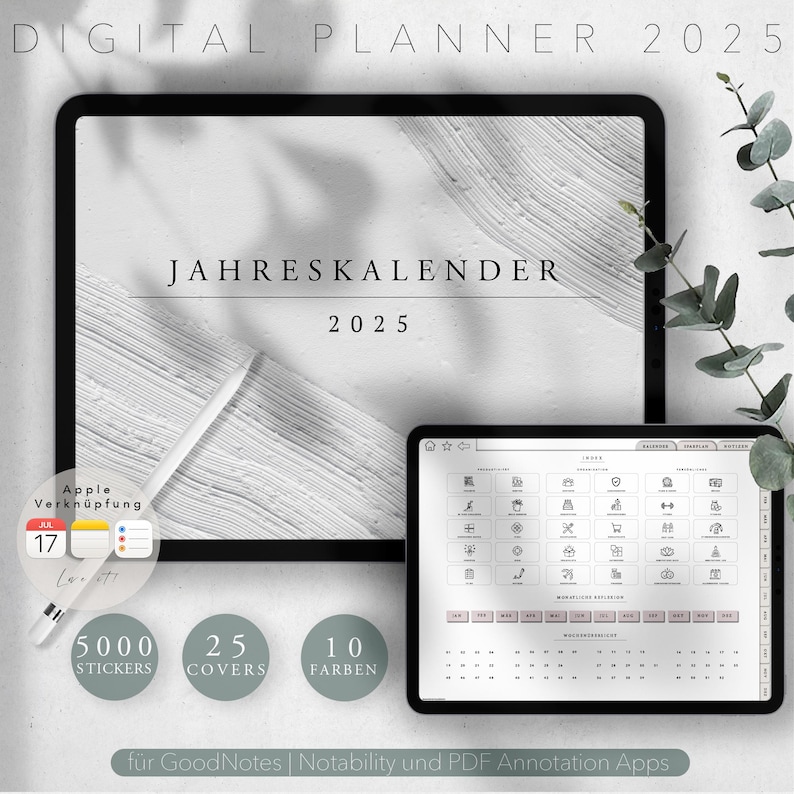 Op de afbeelding: Een digitale planner voor 2025 met een witte achtergrond en een grijs, gestructureerd ontwerp. De planner bevat een jaarlijkse kalender, 5.000 stickers, 25 covers en 10 kleuren. Hij is compatibel met GoodNotes, Notability en PDF-annotatie-apps.